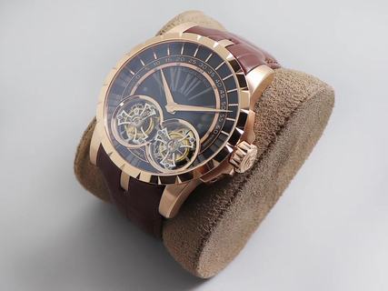 Replica Roger Dubuis Excalibur Double Flying Tourbillon RDDBEX0250 BBR Factory 1:1 best edition, Rose Gold Black Dial Swiss RD01