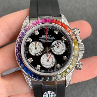 Replica Rolex Daytona Cosmograph Rainbow 116599RBOW BL Factory 1:1 Best Edition, Chronograph, Stainless Steel & Diamonds, Multicolour Diamond Bezel, Black Dial, Black Rubber Strap, SWISS Rolex 4130 Automatic Movement