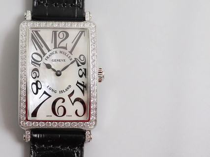 Replica Franck Muller Ladies Long Island 1952 952 QZ D CD GF Factory1:1 Best Edition, Silver & Diamonds, Diamond Bezel, mother of pearl Dial, Black Leather Strap, SWISS Quartz
