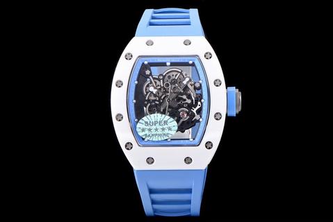 Replica Richard Mille RM055 Noob Factory KV V2 1:1 Best Edition, White Ceramic, Blue Skeleton Dial, Blue Rubber Strap, M8215 Automatic Movement