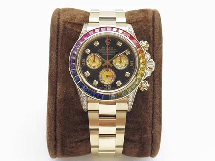 Replica Rolex Daytona Cosmograph Rainbow 116589RBOW N Factory 1:1 Best Edition, Chronograph, Yellow Gold & Diamonds, Multicolour Diamond Bezel, Black Dial, Yellow Gold Bracelet, SWISS Rolex 4130 Automatic Movement