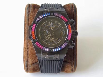 Replica Hublot Big Bang Unico Black Galaxy Sapphire Limited Edition 411.JB.4901.RT.4098 OX Factory 1:1 Best Edition, Chronograph, Black Sapphire Crystal, Multi Coloured Diamond Bezel, Skeleton Dial, Black Rubber Strap, SWISS HUB1242 Automatic Movement