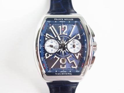 Replica Franck Muller Vanguard Yachting Chronograph V45 CC DT OX Factory 1:1 Best Edition, Stainless Steel, Blue Dial, Blue Leather Strap, SWISS ETA 7750 Automatic Movement