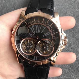 Replica Roger Dubuis Hommage Double Tourbillon RDDBEX0280 Plating18K Rose Gold JB Factory 1:1 Best Edition, Rose Gold/ Black Dial, Black Leather Strap, Roger Dubuis RD01 Manual Winding