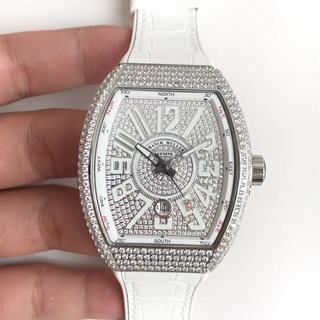 Replica Franck Muller Vanguard V45 SC DT OX Factory 1:1 Best Edition, Stainless Steel & Diamond, Diamond Bezel, Silver Dial, White Leather Strap, SWISS ETA 2824-2 Automatic Movement