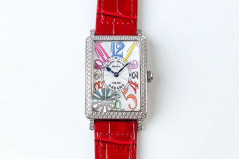 Replica Franck Muller Ladies Long Island Color Dreams 1200 CH COL DRM D GF Factory 1:1 Best Edition, Stainless Steel & Diamonds, Diamond Bezel, Silver Dial, Red Leather Strap, SWISS Quartz