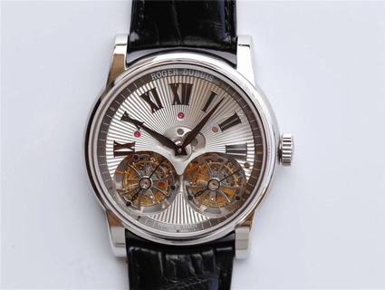 Replica Roger Dubuis Hommage Double Flying Tourbillon RDDBHO0562 JB Factory 1:1 Best Edition, Stainless Steel, Silver Dial, Black Leather Strap, Roger Dubuis RD100 Manual Winding