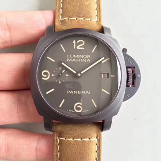 Replica Panerai Luminor Marina 1950 3 Days PAM386 VS Factory 1:1 Best Edition, 44MM, Black Ceramic, Black Dial, Brown Leather Strap, SWISS Panerai P9000 Automatic Movement