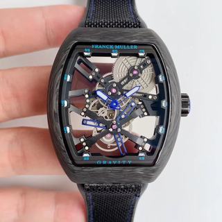 Replica Franck Muller Vanguard Gravity Black Carbon fiber Skeleton V 45 T GRAVITY CS SQT Seiko Factory 1:1 Best Edition, PVD, Skeleton Dial, Black Nylon Strap, M9015 Automatic Movement
