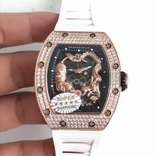 Replica Richard Mille RM051-01 Tourbillon Tiger & Dragon Michelle Yeoh Noob Factory KV 1:1 Best Edition, Rose Gold & Diamonds, Diamond Bezel, Skeleton Dial, White Rubber Strap, M8215 Automatic Movement