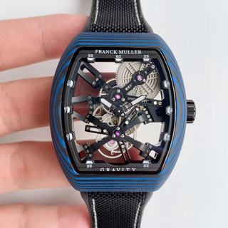 Replica Franck Muller Vanguard Gravity Blue Carbon fiber Skeleton V 45 T GRAVITY CS SQT Seiko Factory 1:1 Best Edition, PVD, Skeleton Dial, Black Nylon Strap, M9015 Automatic Movement