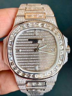 Replica Patek Philippe Nautilus Jumbo 5719/10G-010 3K Factory 1:1 Best Edition, Stainless Steel & Mosang Diamonds, Diamond Dial, Stainless Steel & Mosang Diamonds Bracelet, SWISS Patek Philippe 324SC Automatic Movement