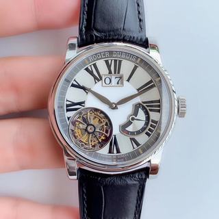 Replica Roger Dubuis Hommage Flying Tourbillon RDDBHO0568 JB Factory 1:1 Best Edition, Stainless Steel, Silver Dial, Black Leather Strap, Power reserve ,SWISS Roger Dubuis RD540 Manual Winding