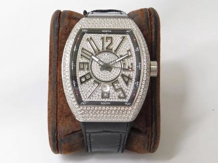 Replica Franck Muller Vanguard V 45 SC DT OX Factory 1:1 Best Edition, Stainless Steel & Diamonds, Diamonds Dial, Black Leather Strap, SWISS ETA 2824-2 Automatic Movement