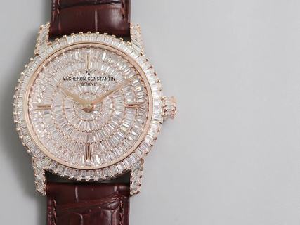 Replica Vacheron Constantin Traditionnelle DM Factory 1:1 Best Edition, Rose Gold & Diamond, Diamond Bezel, Diamond Dial, Brown Leather Strap, M9015 Automatic Movement