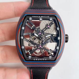 Replica Franck Muller Vanguard Gravity Colored Carbon fiber Skeleton V 45 T GRAVITY CS SQT Seiko Factory 1:1 Best Edition, PVD, Skeleton Dial, Black Nylon Strap, M9015 Automatic Movement