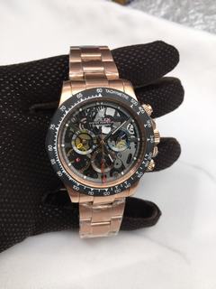 Replica Rolex Daytona La Montoya 1:1 Best Edition, 316L Rose gold Stainless Steel, Black Carbon fiber Bezel & Skeleton Dial, NEW Rolex Stainless Steel Bracelet, SWISS Rolex 4130 Automatic Movement