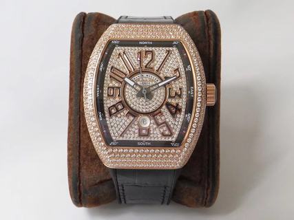 Replica Franck Muller Vanguard V 45 SC DT OX Factory 1:1 Best Edition, Rose gold Stainless Steel & Diamonds, Diamonds Dial, Black Leather Strap, SWISS ETA 2824-2 Automatic Movement