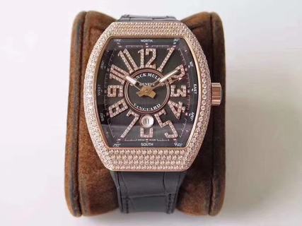 Replica Franck Muller Vanguard V45 SC DT OX Factory 1:1 Best Edition, Rose Gold & Diamond, Diamond Bezel, Black Dial, Black Leather Strap, SWISS ETA 2824-2 Automatic Movement