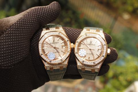 Replica Audemars Piguet Royal Oak 15450 JF Factory 1:1 Best Edition, 37MM, Rose Gold & Diamonds, Diamond Bezel, Diamond Dial, Grey Leather Strap, SWISS Audemars Piguet 3120 Automatic Movement