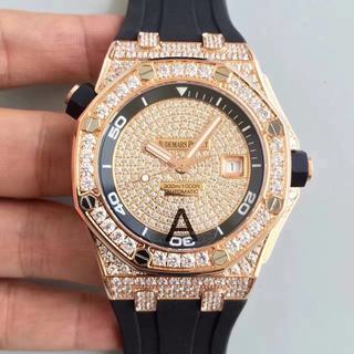 Replica Audemars Piguet Royal Oak Offshore Diver 15703 with Full Diamonds Crystals Rose Gold Swiss 2824 Case on Rubber Strap