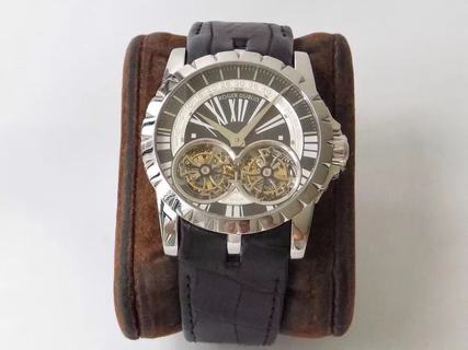 Replica Roger Dubuis Hommage Double Tourbillon RDDBEX0291 JB Factory 1:1 Best Edition, Silver / Black Dial, Black Leather Strap, Roger Dubuis RD01 Manual Winding