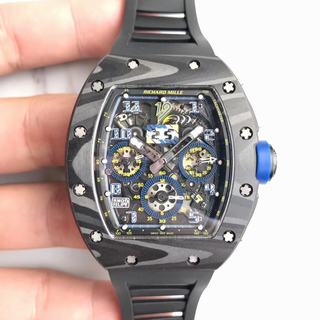 Replica Richard Mille RM011 Felipe Massa Chronograph KV Factory1:1 Best Edition, Chronograph, Forged Carbon, Black Skeleton Dial, Black Rubber Strap, SWISS ETA 7750 Automatic Movement