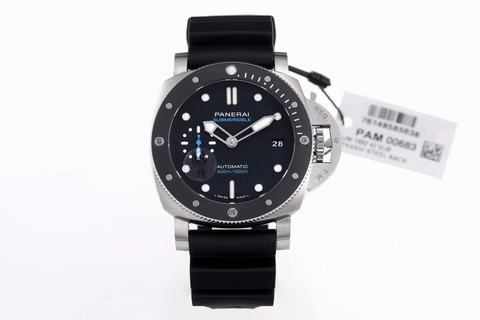 Replica Panerai Luminor Marina Submersible PAM683 VS Factory 1:1 Best Edition, Stainless Steel, Ceramic Bezel, Black Dial, Black Rubber Strap, SWISS Panerai P9010 Automatic Movement