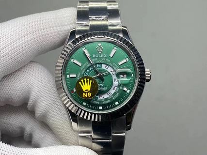 Replica Rolex Sky-Dweller 42mm 326933 N9 Factory 24 hour GMT Functions/70-hours power reserve Stainless Steel Green Dial Swiss 9001