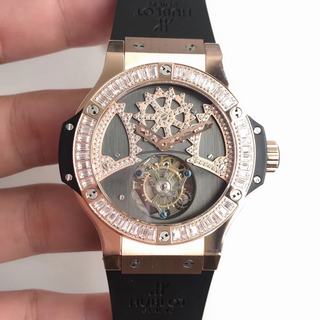 Replica Hublot Big Bang Tourbillon Noob Factory 1:1 Best Edition, 44MM, Stainless Steel, Diamond Bezel, Stainless Steel & Diamonds Dial, Black Rubber Strap, SWISS Tourbillon Manual Winding