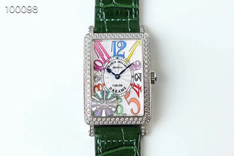 Replica Franck Muller Ladies Long Island Color Dreams 1200 CH COL DRM D GF Factory 1:1 Best Edition, Stainless Steel & Diamonds, Diamond Bezel, Silver Dial, Green Leather Strap, SWISS Quartz