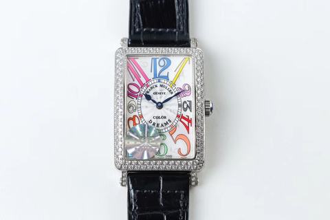 Replica Franck Muller Ladies Long Island Color Dreams 1200 CH COL DRM D GF Factory 1:1 Best Edition, Stainless Steel & Diamonds, Diamond Bezel, Silver Dial, Black Leather Strap, SWISS Quartz