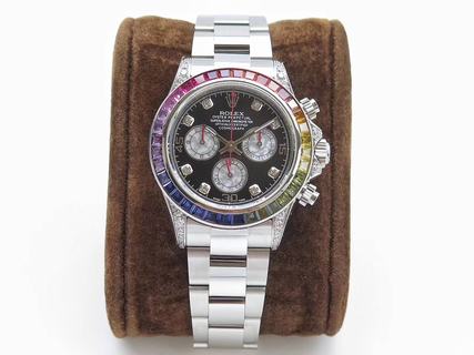 Replica Rolex Daytona Cosmograph Rainbow 116599RBOW N Factory 1:1 Best Edition, Chronograph, Stainless Steel & Diamonds, Multicolour Diamond Bezel, Black Dial, Stainless Steel Bracelet, SWISS Rolex 4130 Automatic Movement