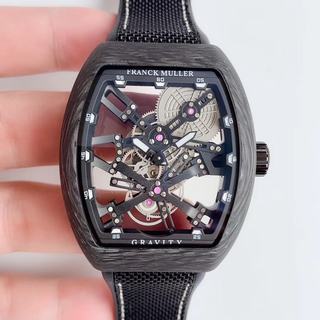Replica Franck Muller Vanguard Gravity Black Carbon fiber Skeleton V 45 T GRAVITY CS SQT Seiko Factory 1:1 Best Edition, PVD, Skeleton Dial, Black Nylon Strap, M9015 Automatic Movement