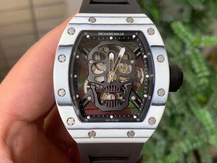 Replica Richard Mille RM052-01 Tourbillon PVD White Bezel JB Factory Best Edition Skeleton Dial on Black Rubber Strap