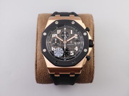 Replica Audemars Piguets Royal Oak Offshore 26401 44mm V2 JF Factory 1:1 Best Edition Black Dial Rose Gold Markers on Rubber Strap A3126 w/ Cyclops
