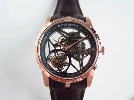 Replica Roger Dubuis Excalibur Skeleton Flying Tourbillon Rose Gold RDDBEX0393 BBR 1:1 Best Edition, Stainless Steel, Skeleton Dial,Brown Leather Strap, SWISS Tourbillon Manual Winding