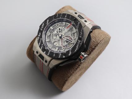 Replica Hublot Big Bang Unico Ferrari Titanium 401.NJ.0123.VR HBBV6 Factory 1:1 Best Edition, Chronograph, Titanium, Black & White Ceramic Bezel, Silver Skeleton Dial, Grey Leather Strap, SWISS HUB1241 UNICO Manufacture Automatic Movement