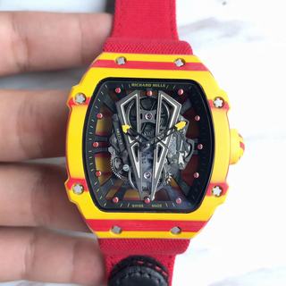 Replica Richard Mille RM27-03 Rafael Nadal Noob Factory KL 1:1 Best Edition, Yellow & Red Forged Carbon, Black Skeleton Dial, Red Nylon Strap, M9015 Automatic Movement