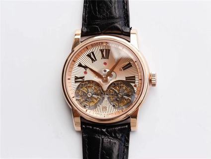 Replica Roger Dubuis Hommage Double Flying Tourbillon RDDBHO0562 JB Factory 1:1 Best Edition, Rose Gold, Gold/Silver Dial, Black Leather Strap, Roger Dubuis RD100 Manual Winding