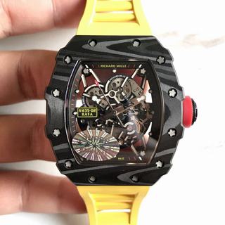 Replica Richard Mille RM35-02 Rafael Nadal KV Factory1:1 Best Edition, Forged Carbon, Black Skeleton Dial, Yellow Rubber Strap, M8215 Automatic Movement