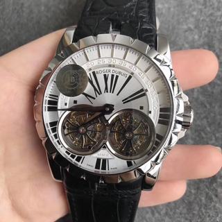 Replica Roger Dubuis Hommage Double Tourbillon RDDBEX0250 JB Factory 1:1 Best Edition, Silver / White Dial, Black Leather Strap, Roger Dubuis RD01 Manual Winding
