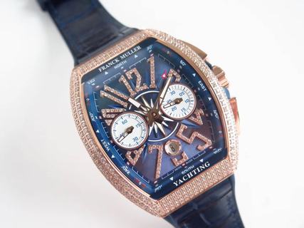 Replica Franck Muller Vanguard Yachting Chronograph Diamonds V45 CC DT OX Factory 1:1 Best Edition, Rose Gold, Diamond Bezel, Blue Dial, Blue Nylon Strap, SWISS ETA 7750 Automatic Movement