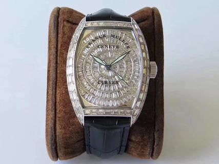 Replica Franck Muller Cintree Curvex 8880 CC AT D ABF Factory 1:1 Best Edition, Stainless Steel & Diamonds, Diamond Bezel, Diamond Dial, Black Leather Strap, SWISS ETA 2824-2 Automatic Movement