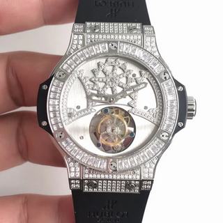 Replica Hublot Big Bang Tourbillon Noob Factory 1:1 Best Edition, 44MM, Stainless Steel, Diamond Bezel, Stainless Steel & Diamonds Dial, Black Rubber Strap, SWISS Tourbillon Manual Winding