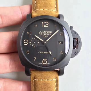 Replica Panerai Luminor GMT 1950 3 Days PAM441 VS Factory V2 1:1 Best Edition, GMT, 44MM, Black Ceramic, Black Dial, Brown Leather Strap, SWISS Panerai P9001 Automatic Movement
