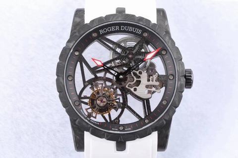 Replica Roger Dubuis Excalibur Flying Tourbillon DBEX0577 BBR Factory Forged Carbon Skeleton Dial White Strap Swiss Tourbillon
