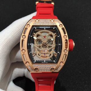Replica Richard Mille RM052 Noob Factory SF 1:1 Best Edition, Rose Gold & Diamond, Diamond Bezel, Diamond Skull Dial, Red Rubber Strap, M6T51 Automatic Movement