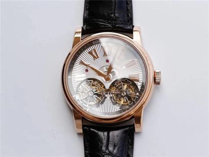 Replica Roger Dubuis Hommage Double Flying Tourbillon RDDBHO0562 JB Factory 1:1 Best Edition, Rose Gold, Gold/Silver Dial, Black Leather Strap, Roger Dubuis RD100 Manual Winding