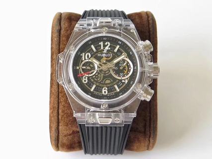 Replica Hublot Big Bang Unico Sapphire Limited Edition 411.JX.4802.RT OX Factory 1:1 Best Edition, Chronograph, Sapphire Crystal, Skeleton Dial, Black Rubber Strap, SWISS HUB1242 Automatic Movement